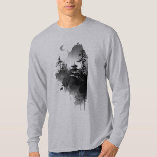 Japanische Tuschmalerei-Zen-Pagode-Landschaft-Lang T-Shirt