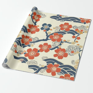 Japanische Ume-Pflirsichblüten Navy-Welle Creme Geschenkpapier