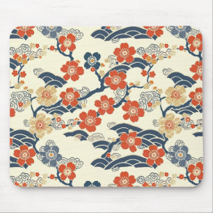 Japanische Ume-Pflirsichblüten Navy-Welle Creme Mousepad