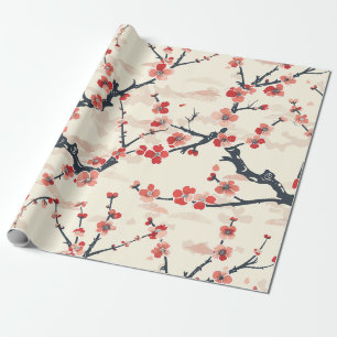 Japanische Ume-Rote-Korallen-Blüten-Elfenbein-Well Geschenkpapier
