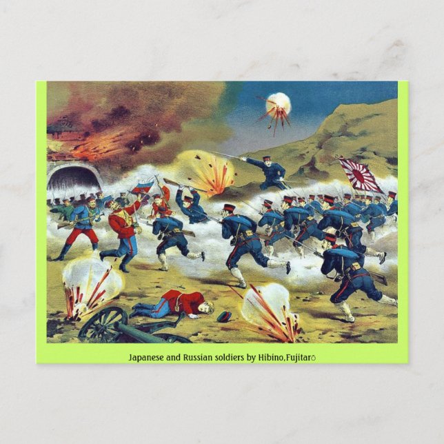 Japanische und russische Soldaten von Hibino, Fuji Postkarte (Vorderseite)