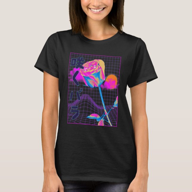Japanische Vaporwave-Ästhetische Rote Rose Pflanze T-Shirt (Vorderseite)
