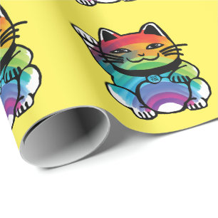 Japanische Viel Glück-Katze mit Regenbogen Geschenkpapier