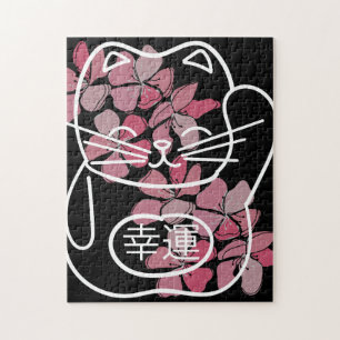 Japanische Viel Glück-Katze mit rosa Sakura-Blume Puzzle