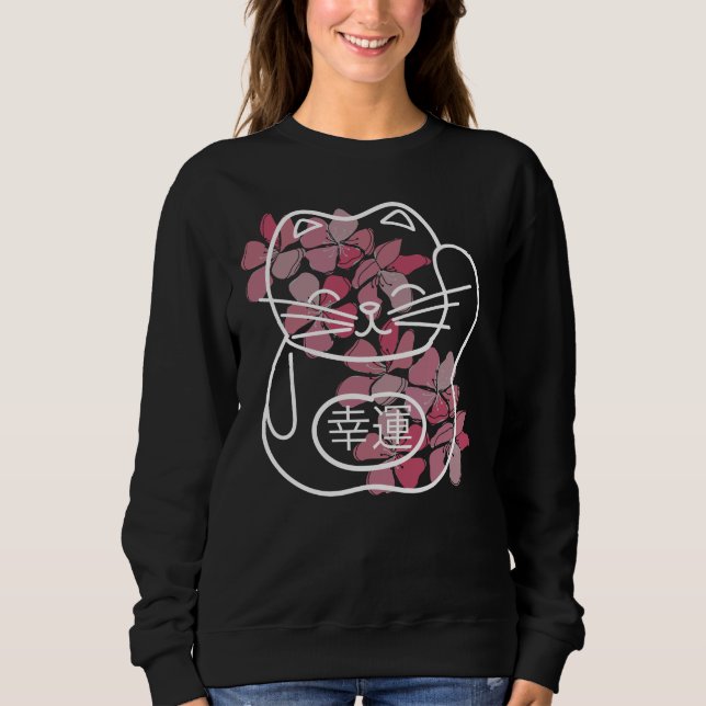 Japanische Viel Glück-Katze mit rosa Sakura-Blume Sweatshirt (Vorderseite)