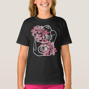 Japanische Viel Glück-Katze mit rosa Sakura-Blume T-Shirt