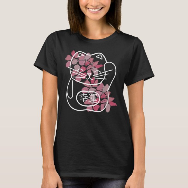 Japanische Viel Glück-Katze mit rosa Sakura-Blume T-Shirt (Vorderseite)