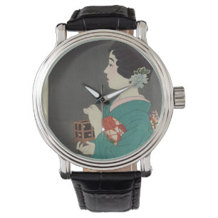 Japanische Vintage Image von Frau und Firefly Cage Armbanduhr