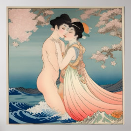 Japanische Vintage Kunst, Seidenpapiermalerei, Lie Poster
