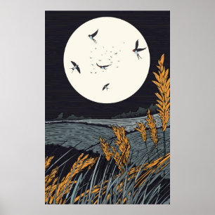 Japanische Vintage-Landschaft bei Nacht Poster