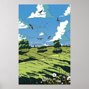 Japanische Vintage-Landschaft bei Nacht Poster