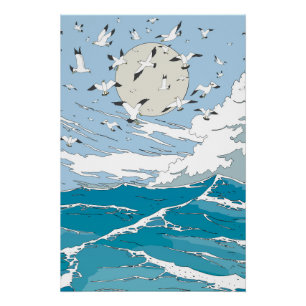 Japanische Vintage-Meereslandschaft Poster