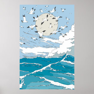 Japanische Vintage-Meereslandschaft Poster