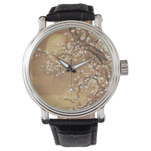Japanische Vintage Pflaumenblüten im Mondlicht Armbanduhr