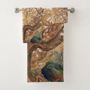 Japanische Vintage Pflaumenblüten im Mondlicht Badhandtuch Set