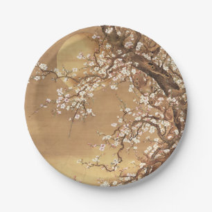 Japanische Vintage Pflaumenblüten im Mondlicht Pappteller