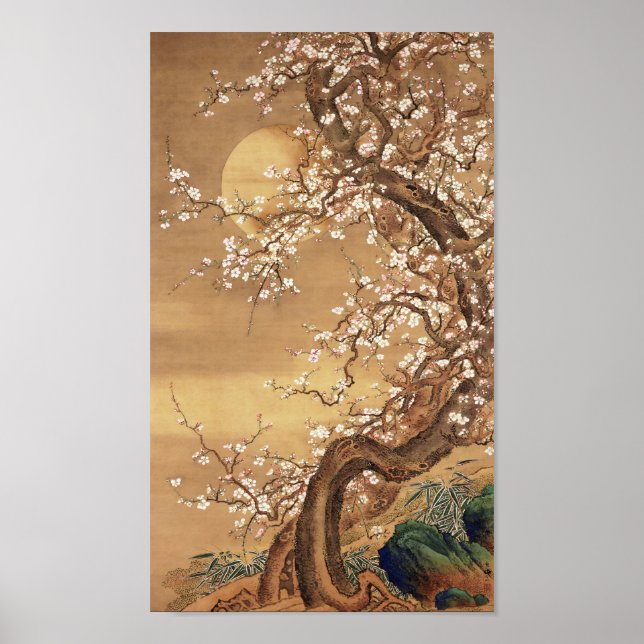Japanische Vintage Pflaumenblüten im Mondlicht Poster (Vorne)