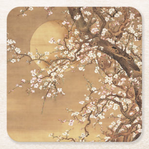 Japanische Vintage Pflaumenblüten im Mondlicht Rechteckiger Pappuntersetzer