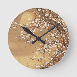 Japanische Vintage Pflaumenblüten im Mondlicht Runde Wanduhr