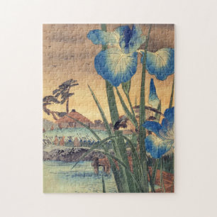 Japanische Vintage-Ukiyo-e-Blauiris- und Vogelszen Puzzle