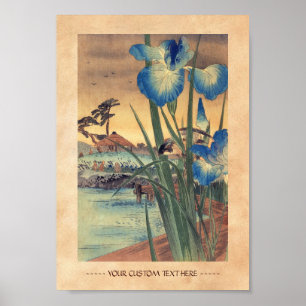 Japanische Vintage Ukiyo-e-Blue-Iris- und Vogelsze Poster
