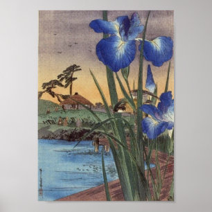 Japanische Vintage Ukiyo-e-Blue-Iris- und Vogelsze Poster