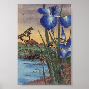 Japanische Vintage Ukiyo-e-Blue-Iris- und Vogelsze Poster