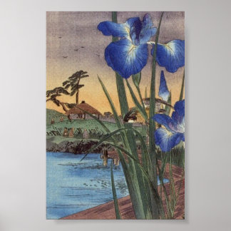 Japanische Vintage Ukiyo-e-Blue-Iris- und Vogelsze Poster