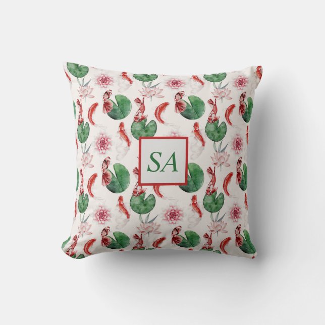 Japanische Wasserfarbe Koi Fisch Lotus Kissen (Vorderseite)