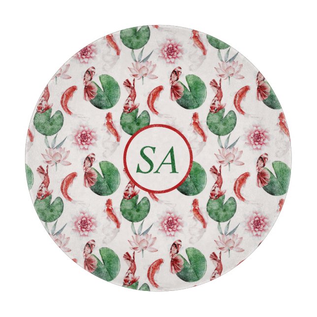 Japanische Wasserfarbe Kunst Koi Fisch Lotus Lily  Schneidebrett (Vorderseite)