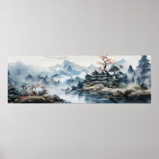 Japanische Wasserfarbe Landschaft Berg See Poster