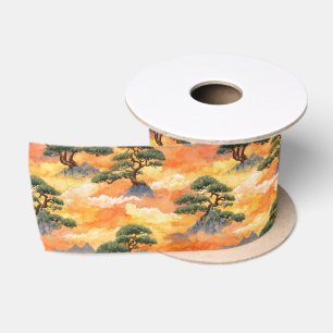 Japanische Wasserfarben-Bonsai-Kiefern in goldenen Satinband