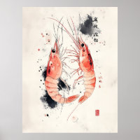 Japanische Wasserfarben-Garnelen Kunst mit Kalligr