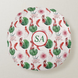 Japanische Wasserfarben Kunst Koi Fisch Lotus Lily Rundes Kissen