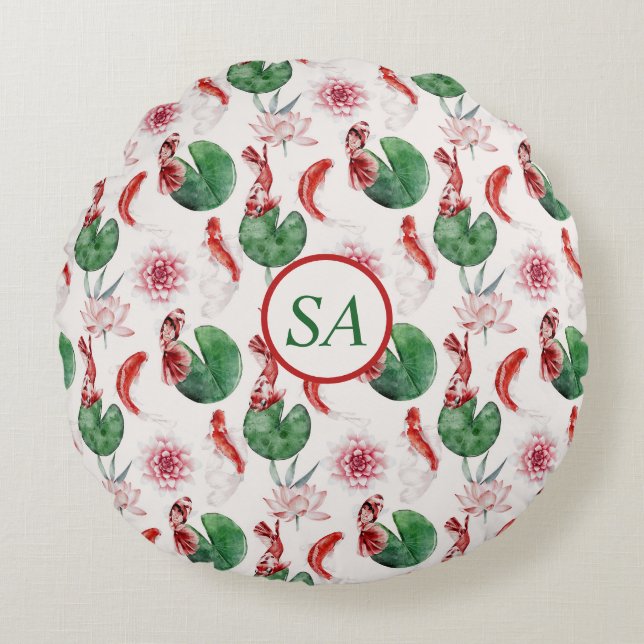 Japanische Wasserfarben Kunst Koi Fisch Lotus Lily Rundes Kissen (Vorderseite)