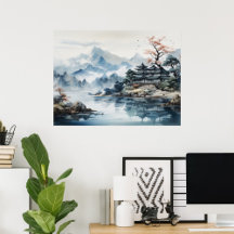 Japanische Wasserfarbenlandschaft Bergsee
