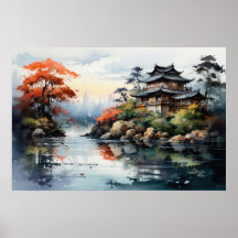 Japanische Wasserfarbenlandschaft Herbstsee