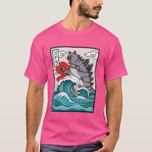 Japanische Wave Art Sunset Monster Meme Funny Cat T-Shirt