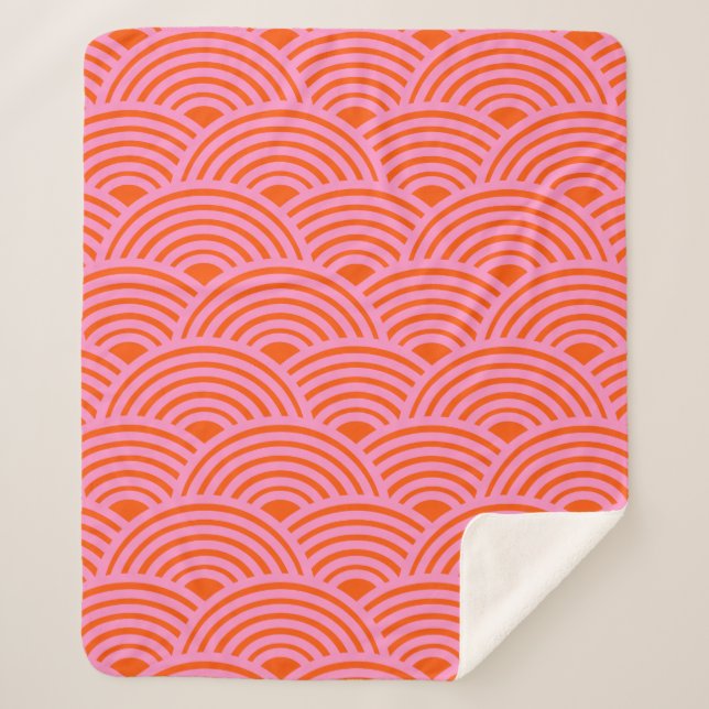 Japanische Wave Seigaiha Muster Preppy Orange Pink Sherpadecke (Vorderseite)