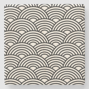 japanische Wave Seigaiha Schwarz und Creme Weiß Steinuntersetzer