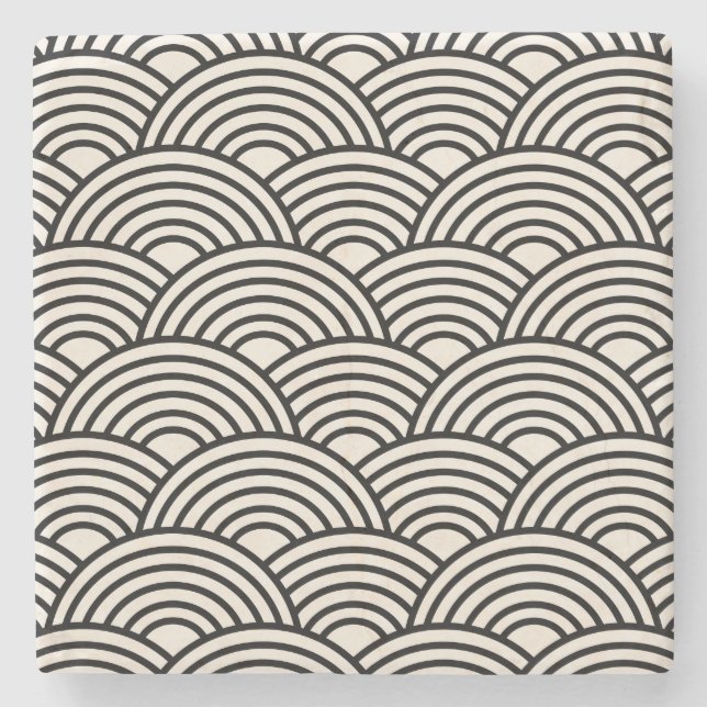 japanische Wave Seigaiha Schwarz und Creme Weiß Steinuntersetzer (Vorderseite)