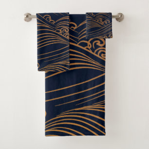 Japanische Waves Muster Navy Blue und Gold Brown Badhandtuch Set