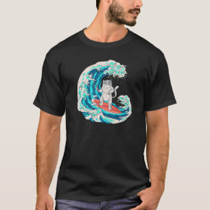 Japanische Welle Surfende Katze Sushi essend T-Shirt