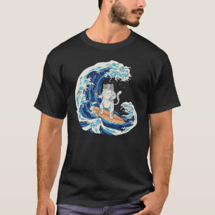 Japanische Welle Surfende Katze Sushi essend T-Shirt