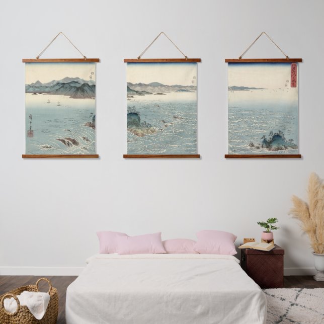 Japanische Whirlpools Landschaft Triptych ukiyo e Wandteppich Mit Holzrahmen (Schlafzimmer)