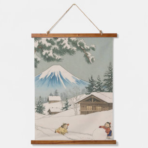 Japanische Winterlandschaft im Ukiyoe-Stil Wandteppich Mit Holzrahmen