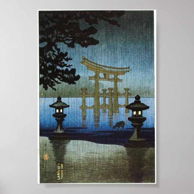 Japanischer Abend Rain Art Woodblock Ukiyo-E Poster (Vorne)