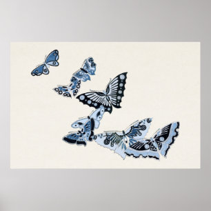 Japanischer blauer Schmetterling Vintage-Design Ku Poster