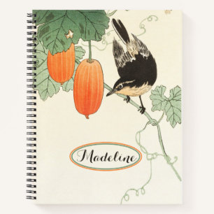 Japanischer Block Print Bird und Orange Fruit Notizbuch