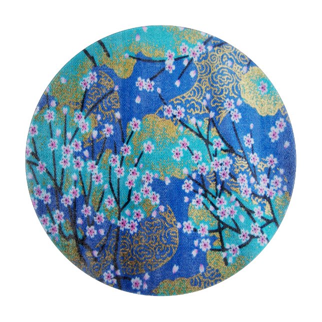 Japanischer Blumenkrebs Blossom Gold Blauer Glass Schneidebrett (Vorderseite)